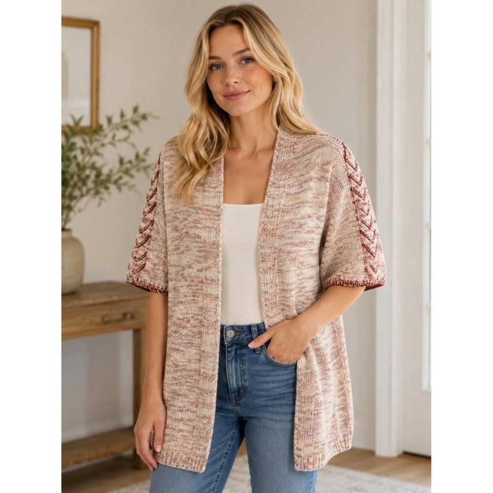 Soft Surroundings Cardigan Sweater Womens Medium Pink Multi Open Front Chevron